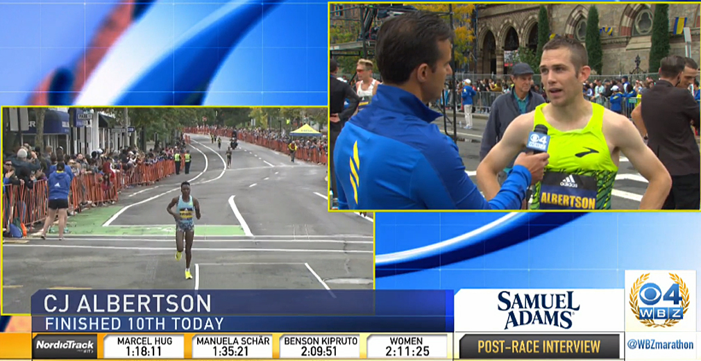 CJ Albertson was interviewed after his race at the Boston Marathon by CBS Boston WBZ 4.