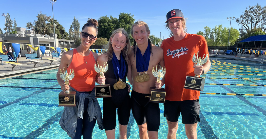 COS award winners (left-right) coach Ally Briano, Jillian Lambert, Joshy Peters, and coach Caleb Hamilton.
